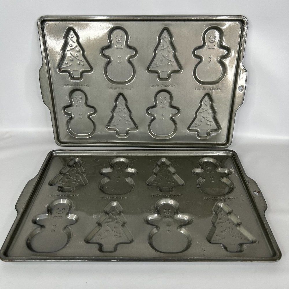 Vintage Ekco Bakers Secret & Nestle TH Snowman & Christmas Trees Cookie Pans (2)